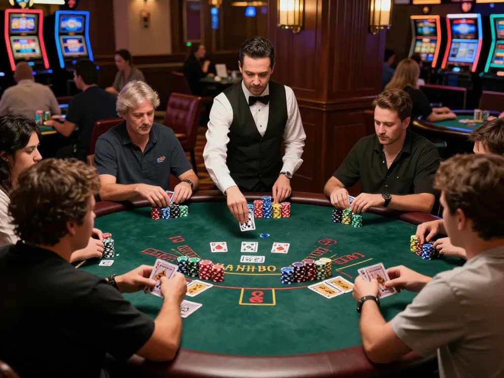 Players strategizing during a live blackjack game at FC88 casino, vibrant atmosphere.