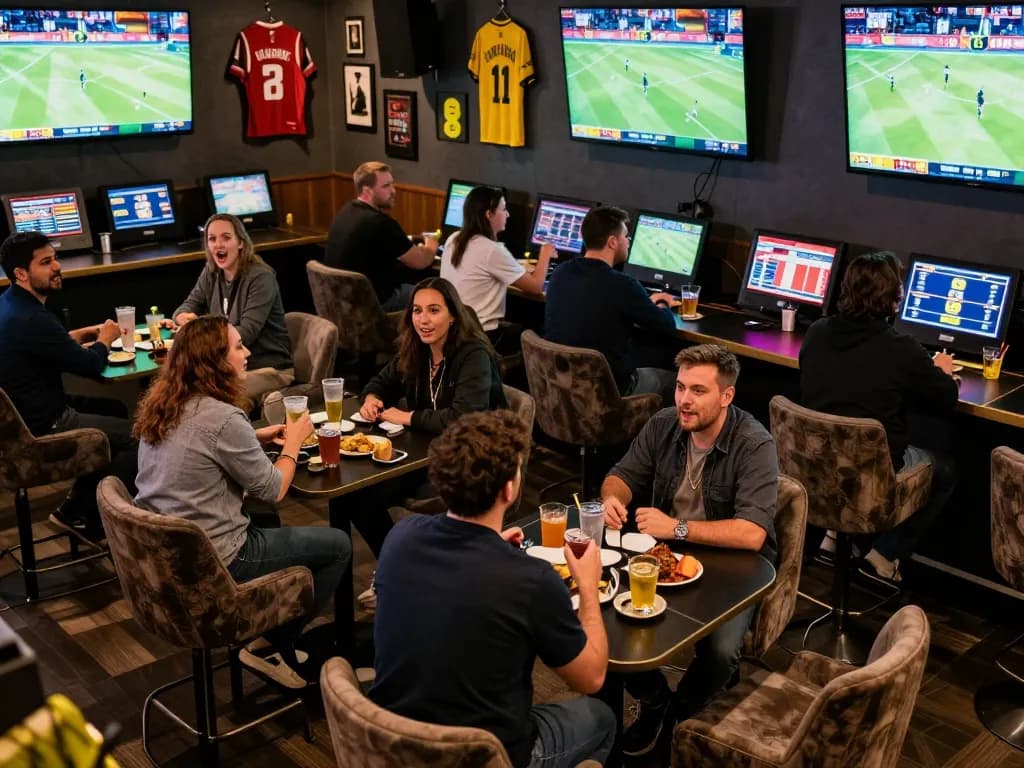 Engaged bettors strategizing and placing bets during a live game at EE88's vibrant sports betting lounge.