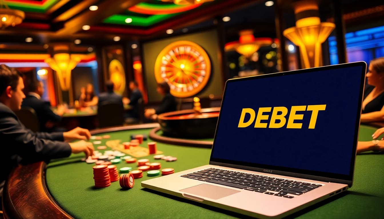 Players engage in strategic poker gaming at DEBET's luxurious casino table.