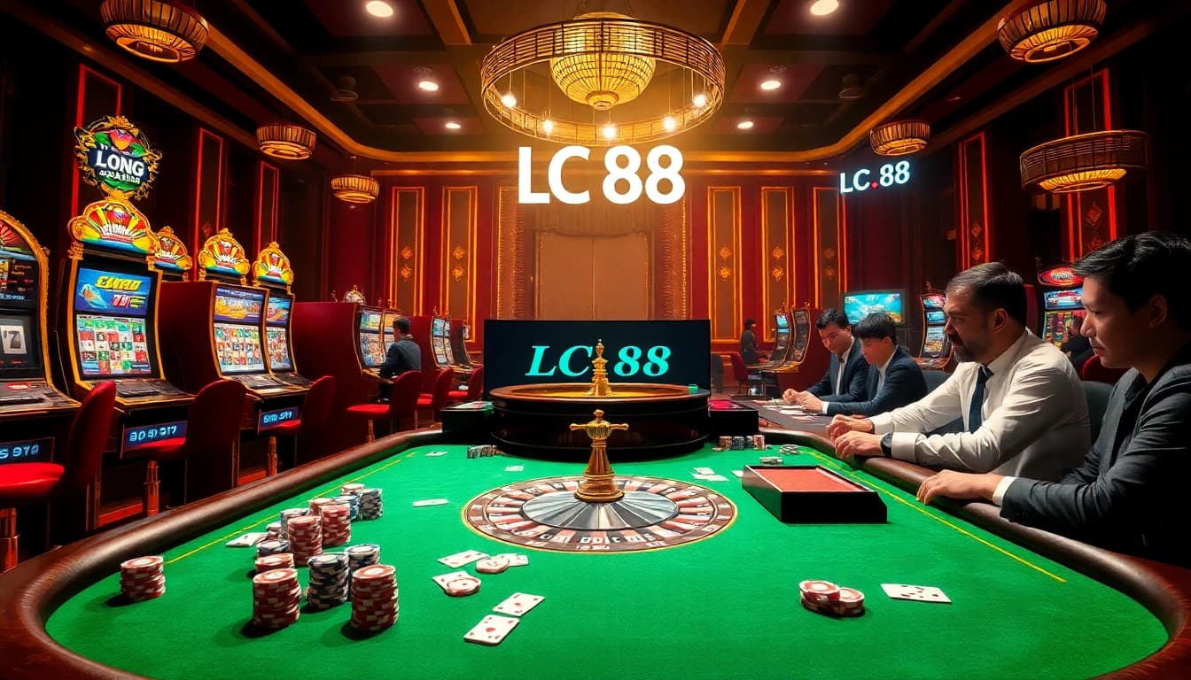 Players enjoying a vibrant casino scene featuring LC 88 slot machines, poker tables, and roulette wheels.