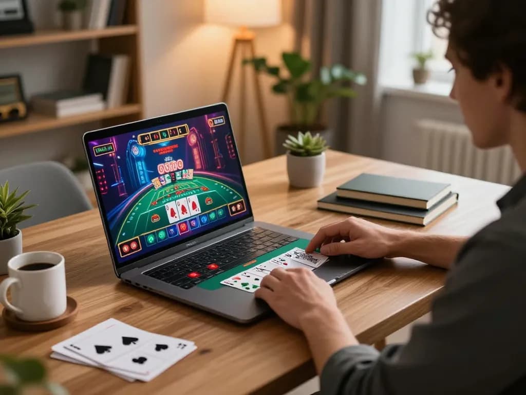 Engaging in online games at home using debet alongside strategy notes and vibrant graphics