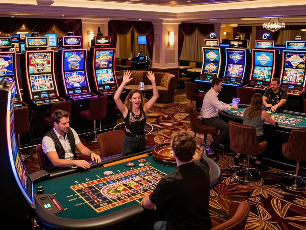 Player celebrating a win at iwin club with vibrant slot machines in a luxury casino setting.