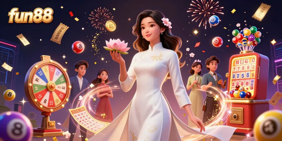 Win big at fun88 with a stunning 3D casino illustration showcasing dynamic lottery and gaming elements.