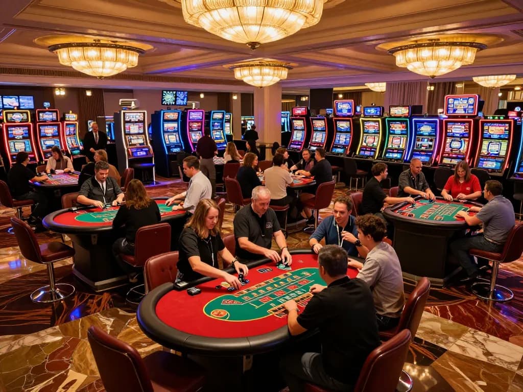 Players engaging in a dynamic blackjack game at a luxurious casino with vibrant lighting and excitement, 7M in action
