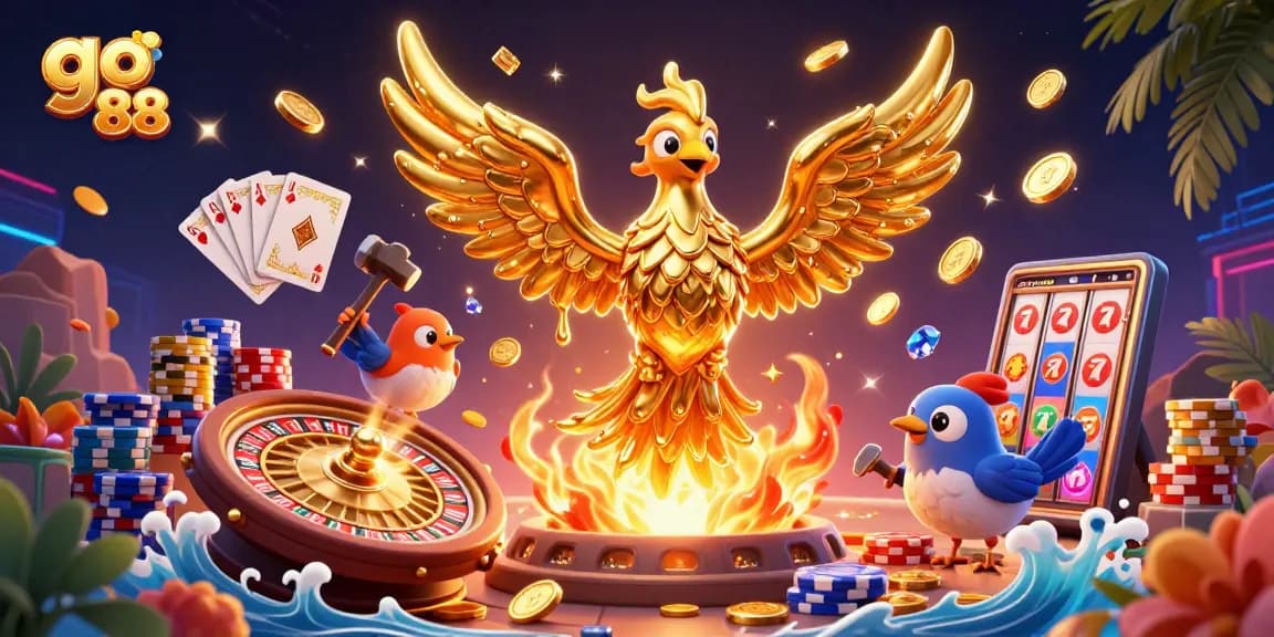 Experience the thrill of go 88 as molten phoenixes and gold coins showcase an exciting casino adventure.