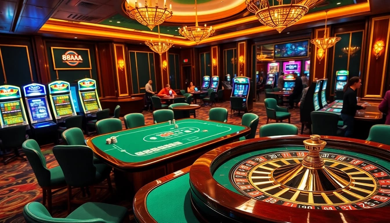 Experience the vibrant casino atmosphere at 88AA with poker tables, roulette wheels, and excited gamblers.