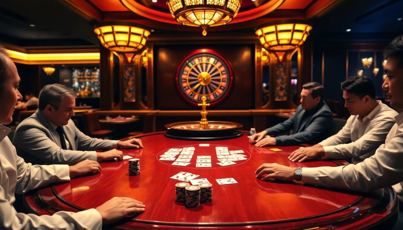 A dynamic gaming scene on 98win trang chủ showcasing poker action with players and chips at the table.