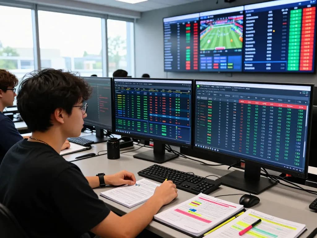 Tỷ lệ kèo nhà cái 5 being analyzed in a modern sports betting office with live updates and focused participants.