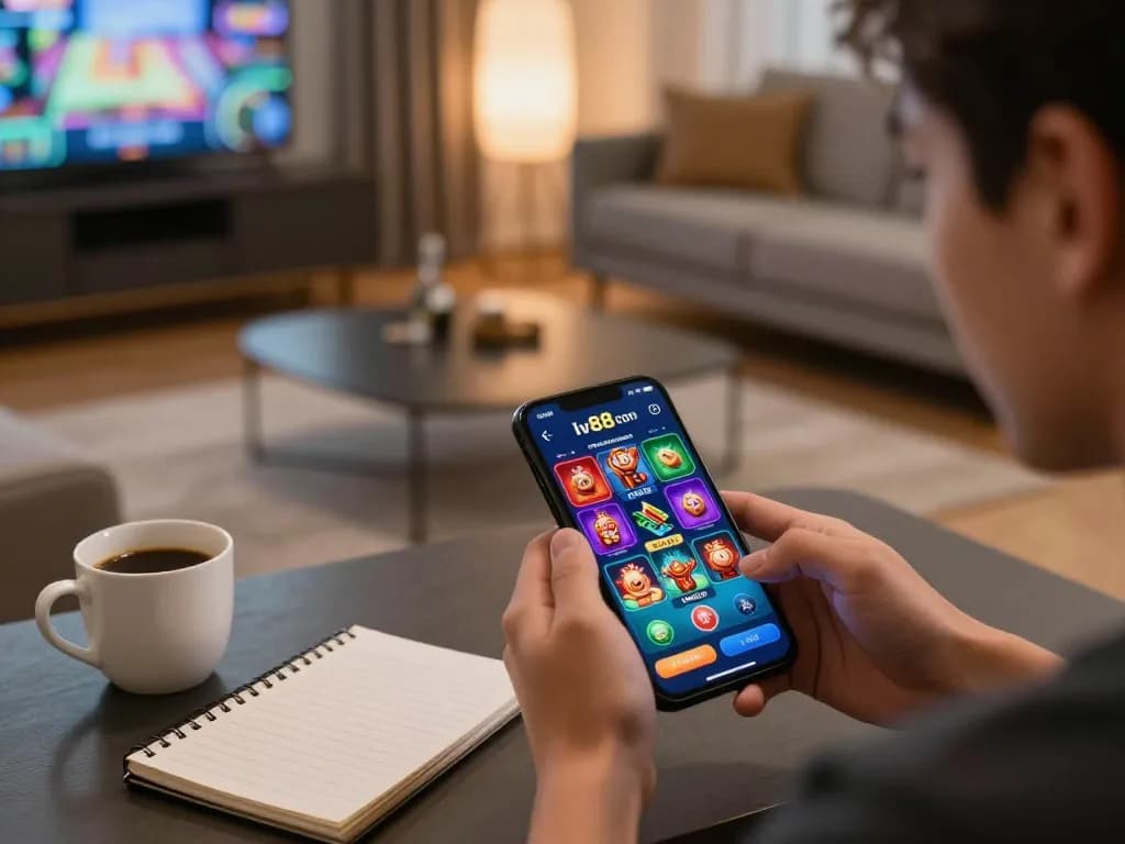 Playing casino games on the lv88 com app with a smartphone in a cozy atmosphere