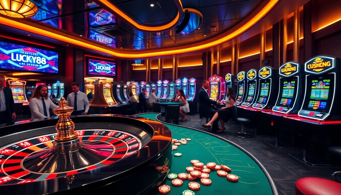 Lucky88 COM offers a luxurious casino experience with vibrant roulette wheels and engaging gaming interfaces.