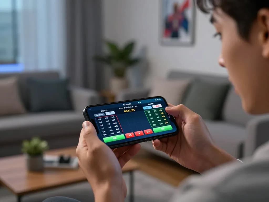 Engaging moment as a user places a bet on cucu777 sports betting app from home, showcasing smartphone details.