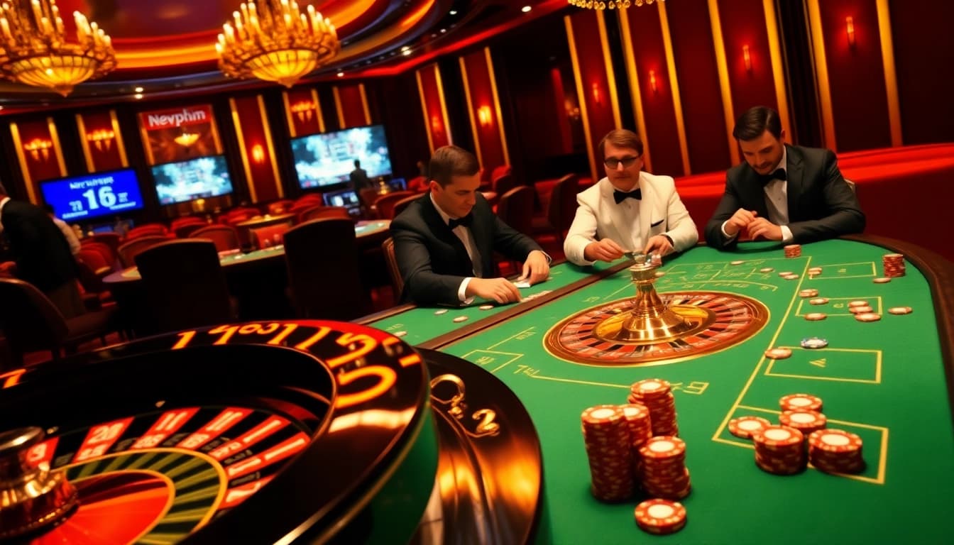 Experience the thrill of gaming at newphim's luxurious casino tables, where players strategize for victory.
