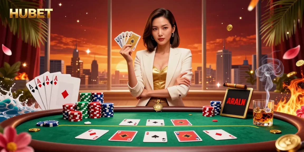 Win big with HUBET at a vibrant casino table featuring cards, chips, and an elegant dealer.