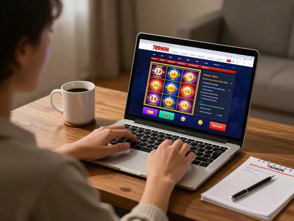 Engaging in online casino gaming with 789WIN on a laptop, showcasing a cozy home setting.