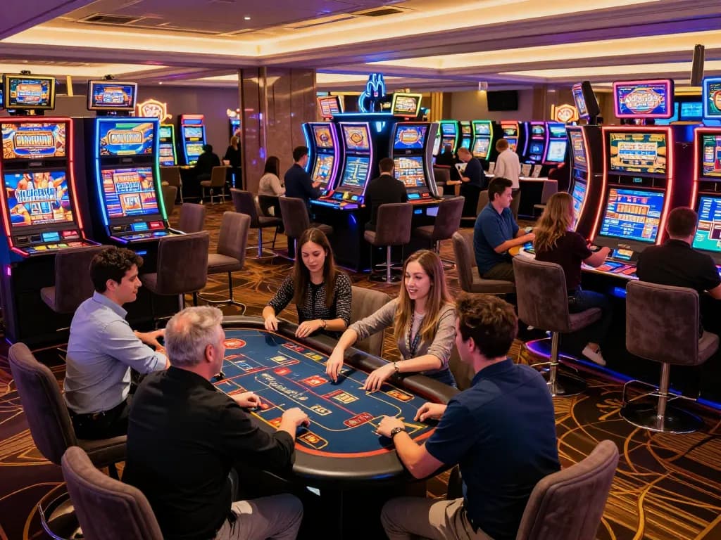 Engaging scene at 123B casino with players celebrating wins at diverse slot machines.