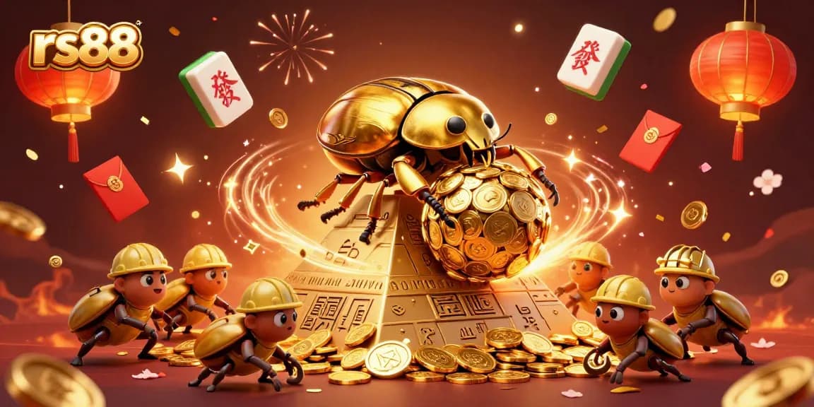 Experience the excitement of rs88 as the golden beetle rolls coins in a vibrant casino scene.
