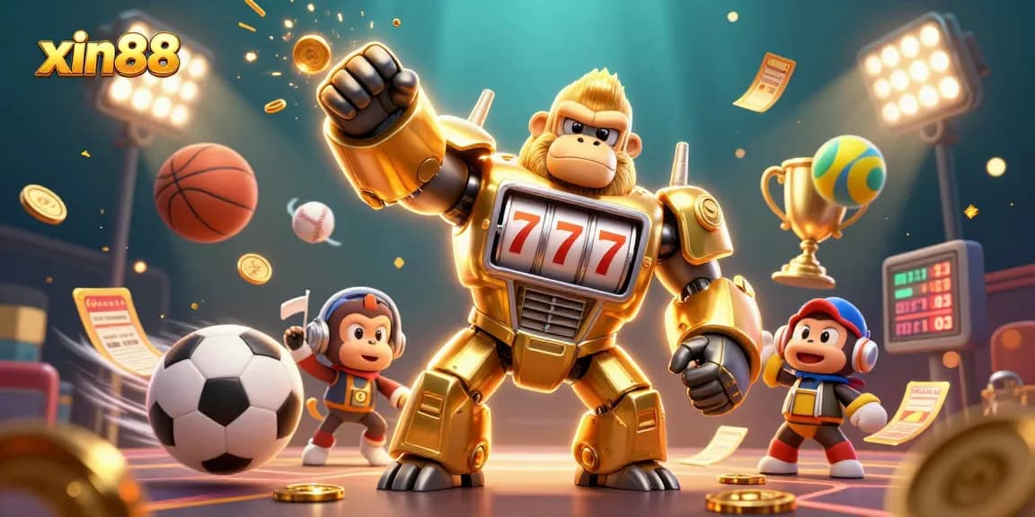 Experience the thrilling action of xin88 with dynamic golden gorilla mech bursting with coins and sports elements.