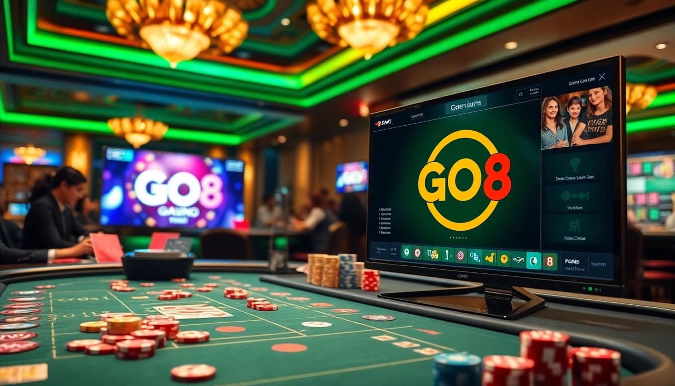 GO8 players celebrating a winning bet at a vibrant casino table filled with chips and cards.