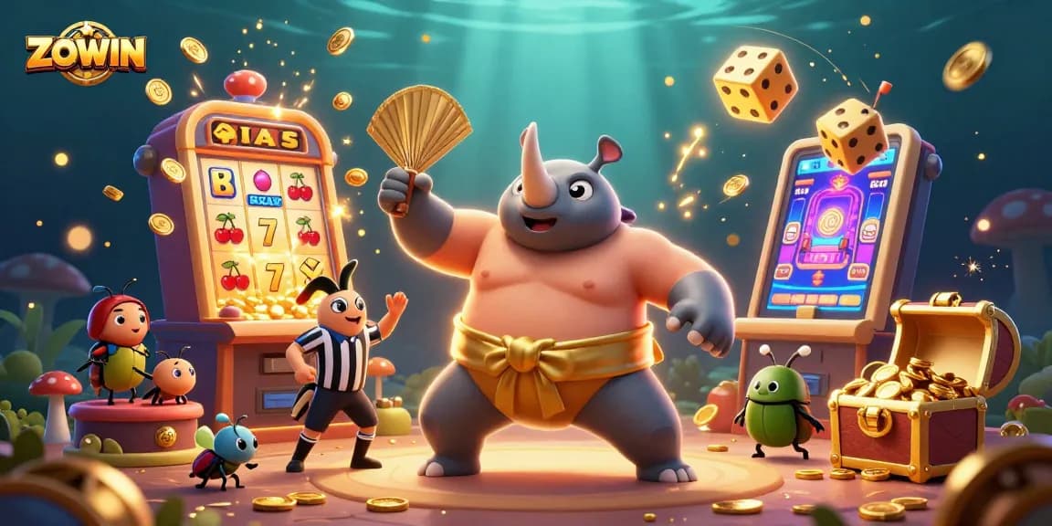 ZOWIN's thrilling casino scene with a rhinoceros beetle champion and exciting slot machine action