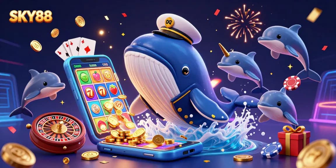 SKY88 showcases thrilling casino action with whales, coins, and playful dolphins.