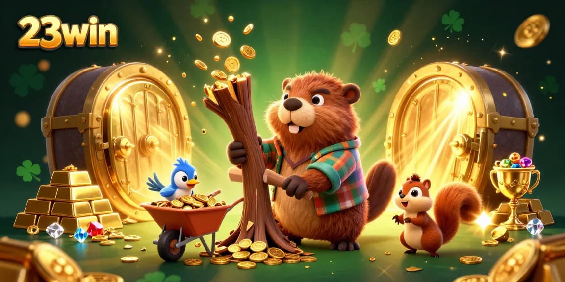 Engage with 23win's exciting games, where a beaver gathers golden coins in a dynamic, rich scene.