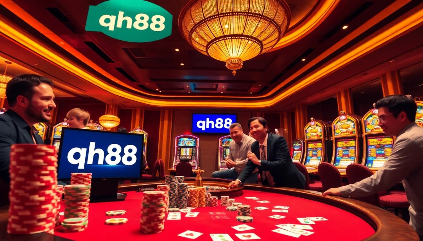 Experience thrilling gameplay at qh88's luxurious casino tables with colorful chips and vibrant lights.