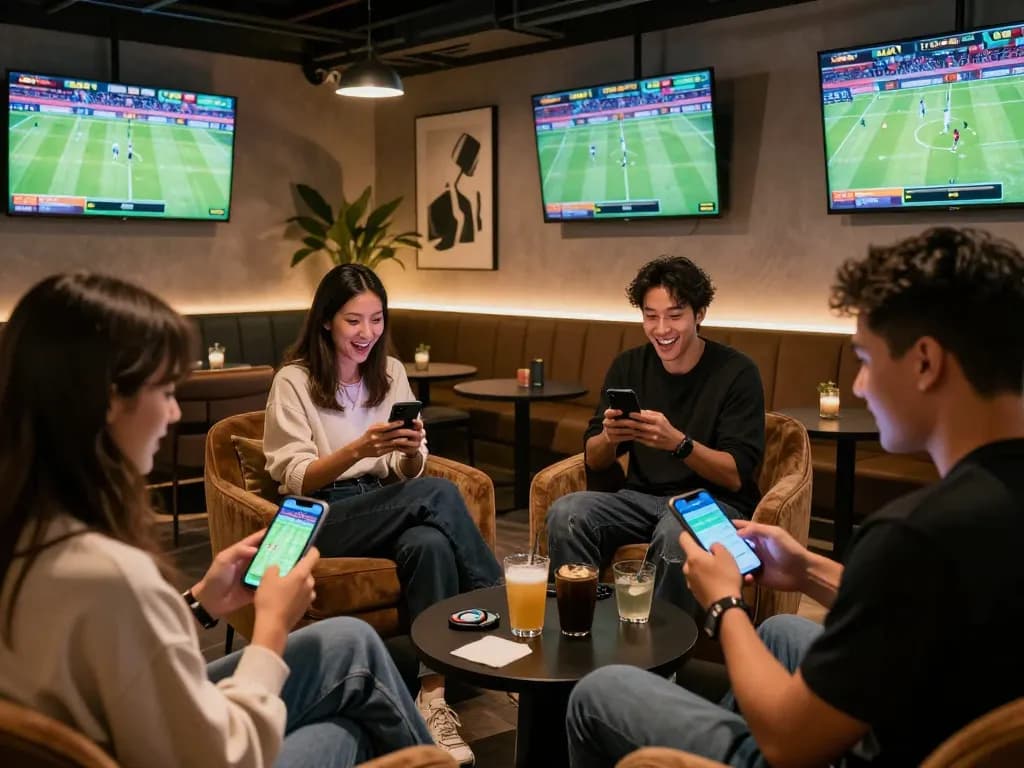 23WIN bettors engaging with live sports events on mobile apps in a modern lounge.
