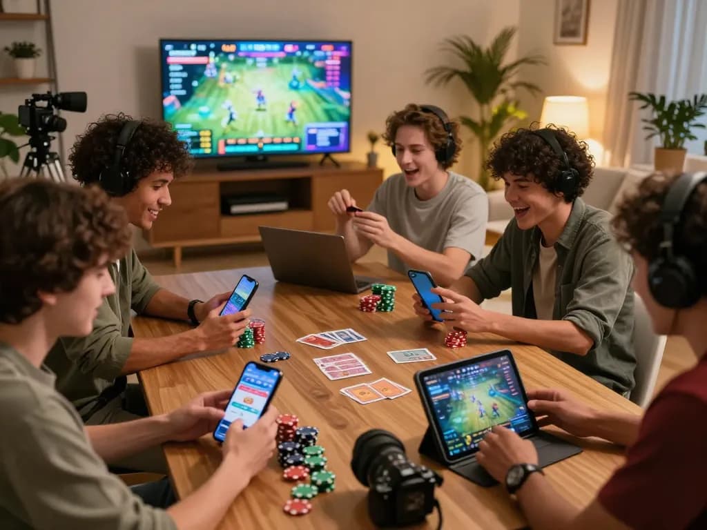 Diverse players enjoying a game bài session on their devices in a cozy living room, capturing the excitement and community atmosphere of online gaming.