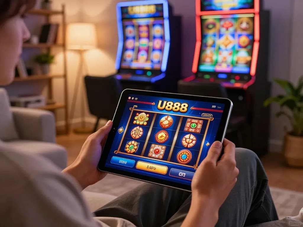 Enjoying a thrilling gaming session on the U888 app with vibrant slot machines in view.