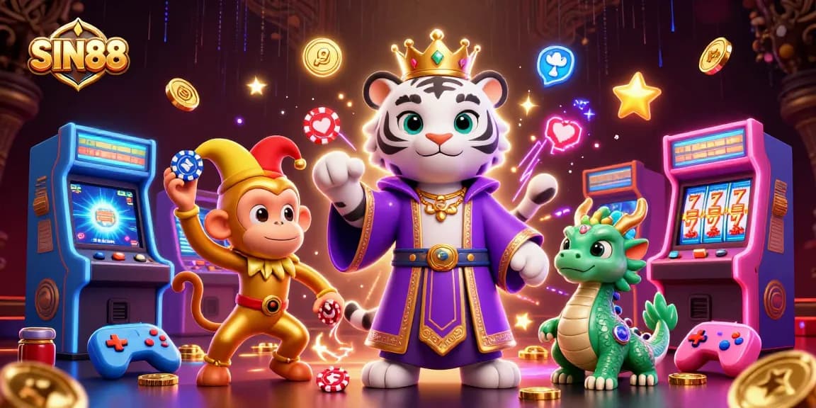 Engage in thrilling gaming adventures with SIN88 featuring a royal tiger and playful monkey amidst vibrant casino elements.