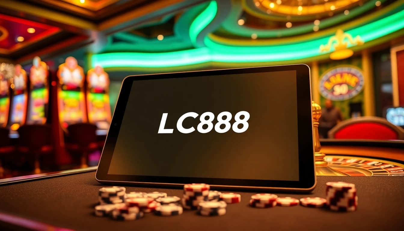 Engaging gamblers at LC88 with a stunning online gaming interface amidst a vibrant casino atmosphere.