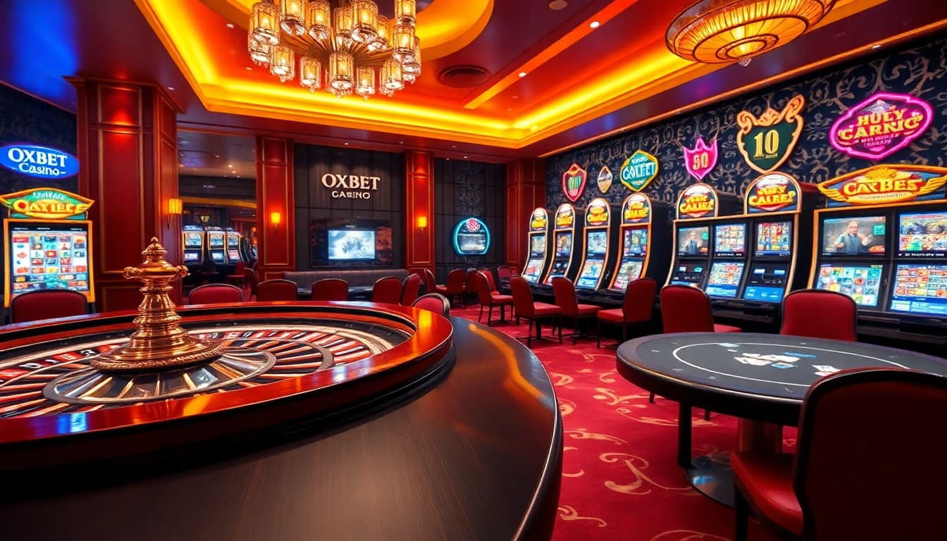 Exciting scene at Nhà cái OXBET with elegant casino tables and dynamic gaming action.