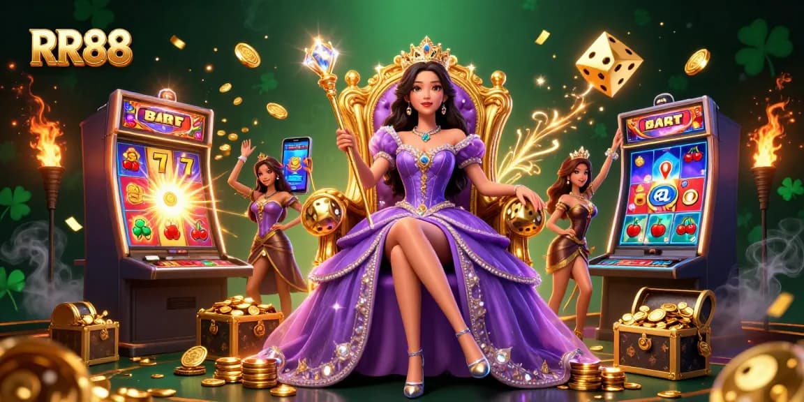 Experience thrilling jackpots at RR88 with vibrant casino elements and a regal theme.