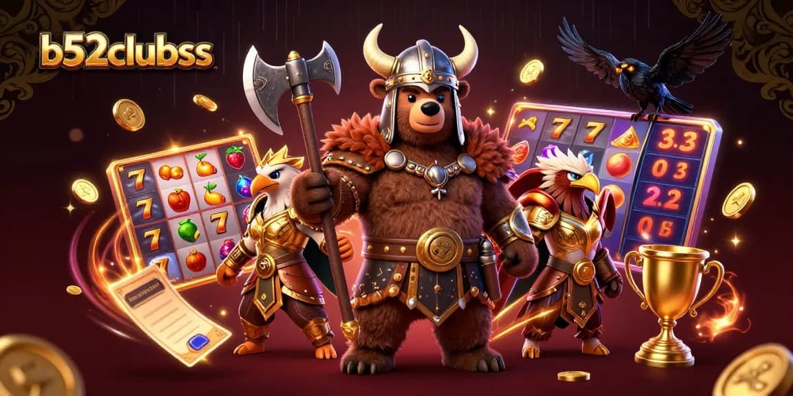 B52clubss features a Viking berserker and Valkyrie celebrating slot wins amidst golden trophies and coins.