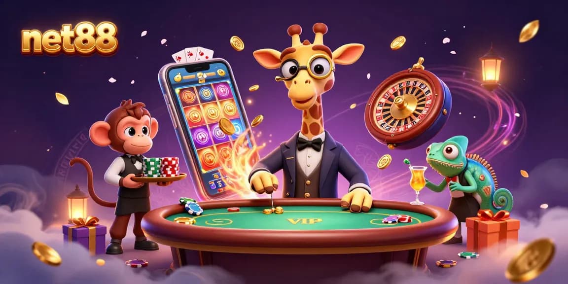 Experience net88 with a dynamic casino scene featuring a high-roller giraffe and lively gambling elements.