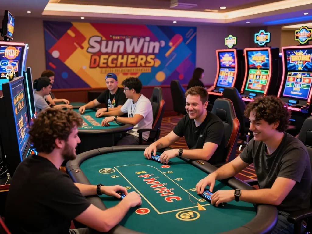 Dynamic gaming scene showcasing players enjoying Sunwin's online casino games with interactive interfaces and vibrant promotions.