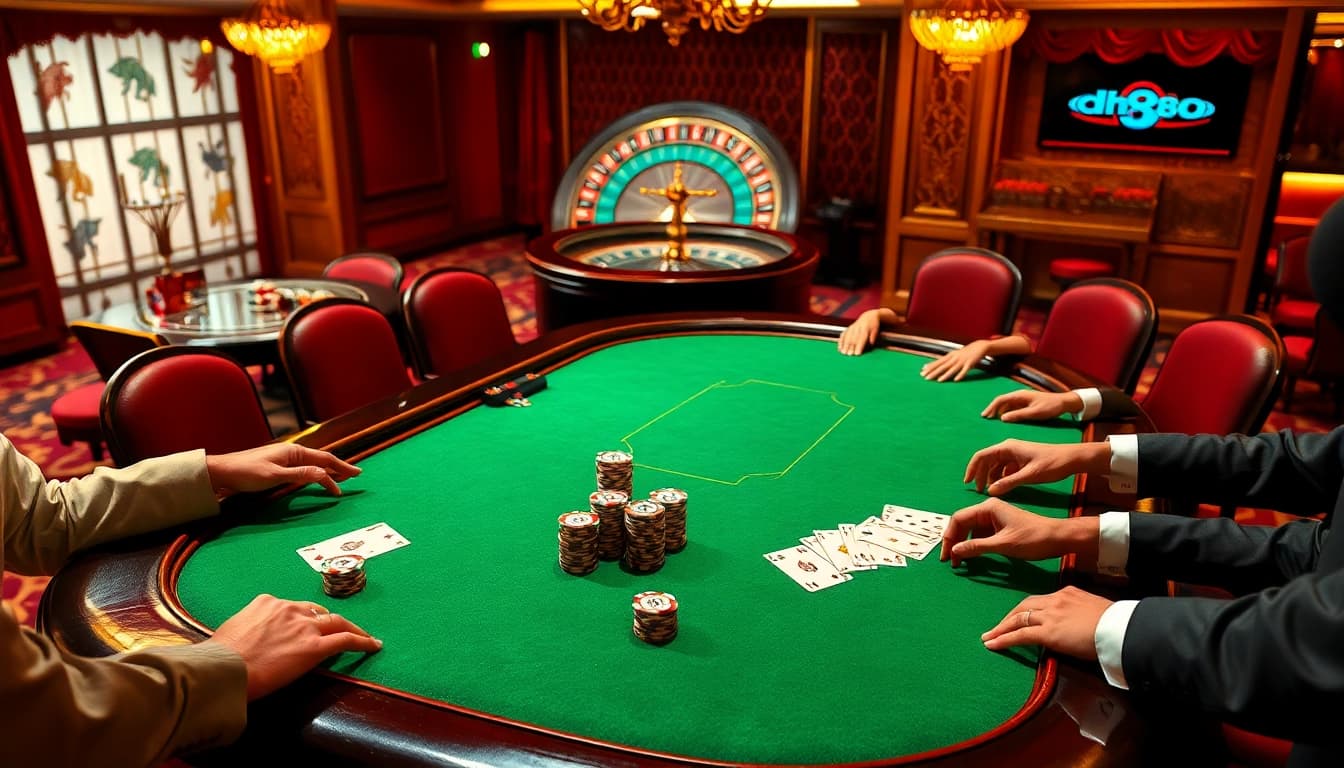 Engage in high-stakes action at the dh88-themed luxury poker table in a vibrant casino.