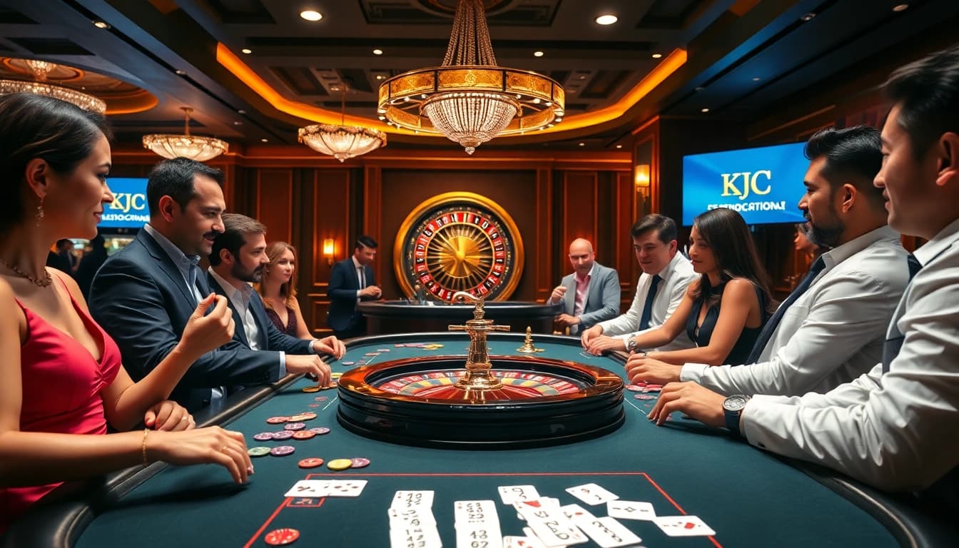 KJC players strategizing at a vibrant casino table filled with colorful chips and cards.