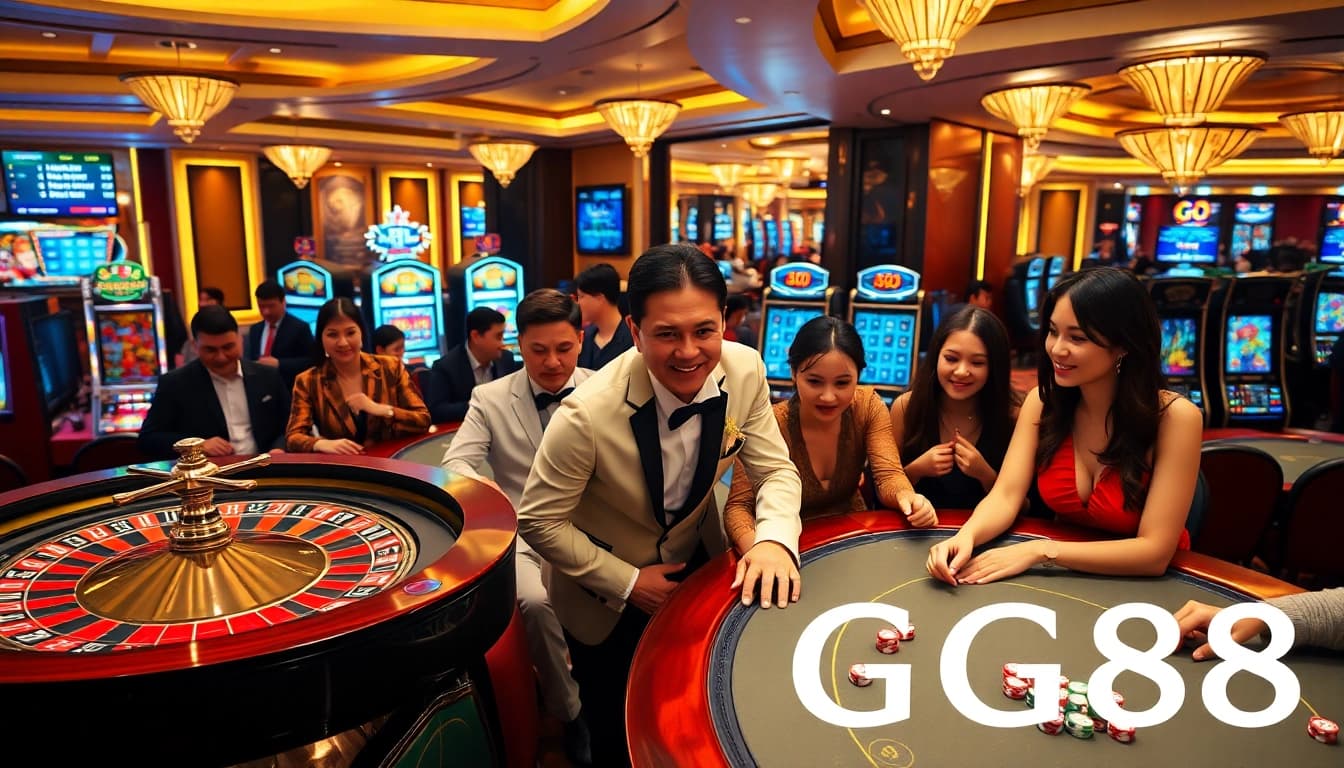 Experience the thrill of GG88 with a vibrant casino scene featuring roulette and poker games.