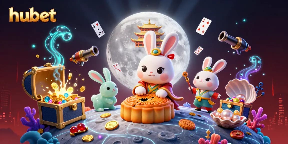 Experience hubet games with a 3D moon rabbit surrounded by poker chips and casino elements.