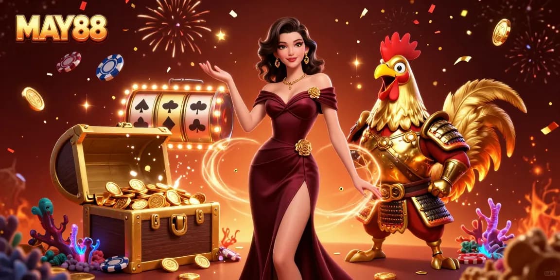 MAY88's stunning 3D scene showcases a glamorous woman and golden warrior amidst vibrant casino elements.