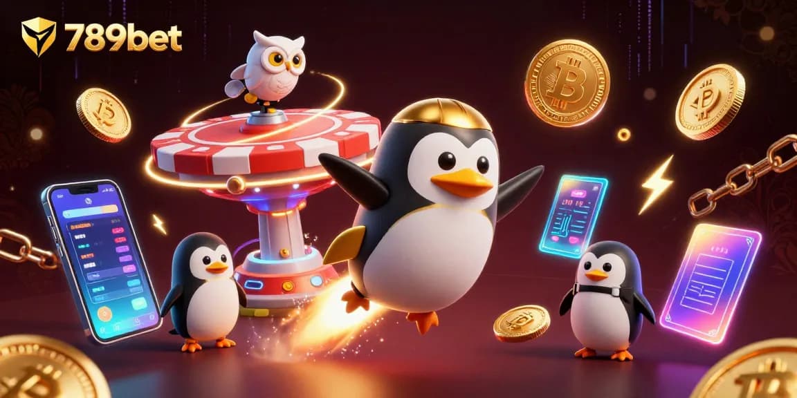 Experience the excitement of 789bet with a dynamic 3D cartoon scene featuring a golden penguin in a space casino adventure.