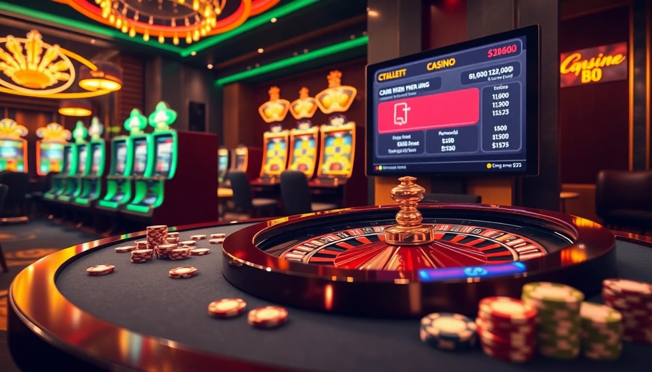 Cổng Game XIN88 showcases an exciting casino scene with roulette and slot machines.
