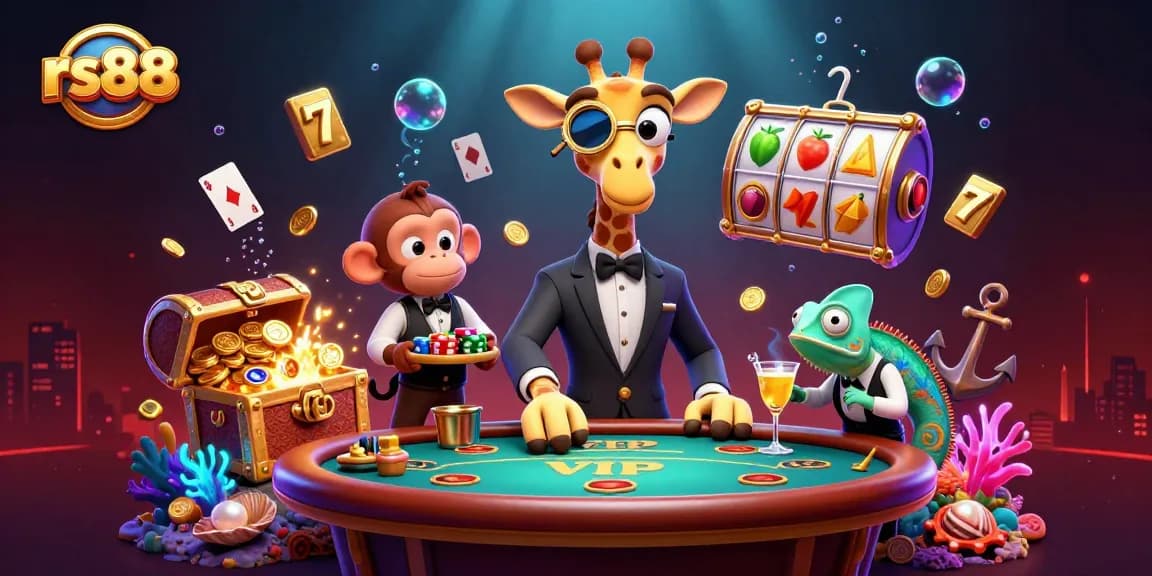 Engage with rs88's vibrant 3D casino scene featuring high-roller giraffe, lucky slots, and cocktail magic.