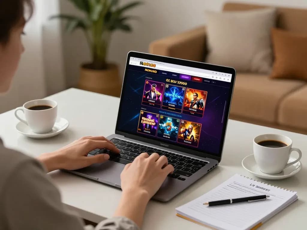 Nohu90 online casino gaming scene with a person using a laptop, displaying engaging game features.