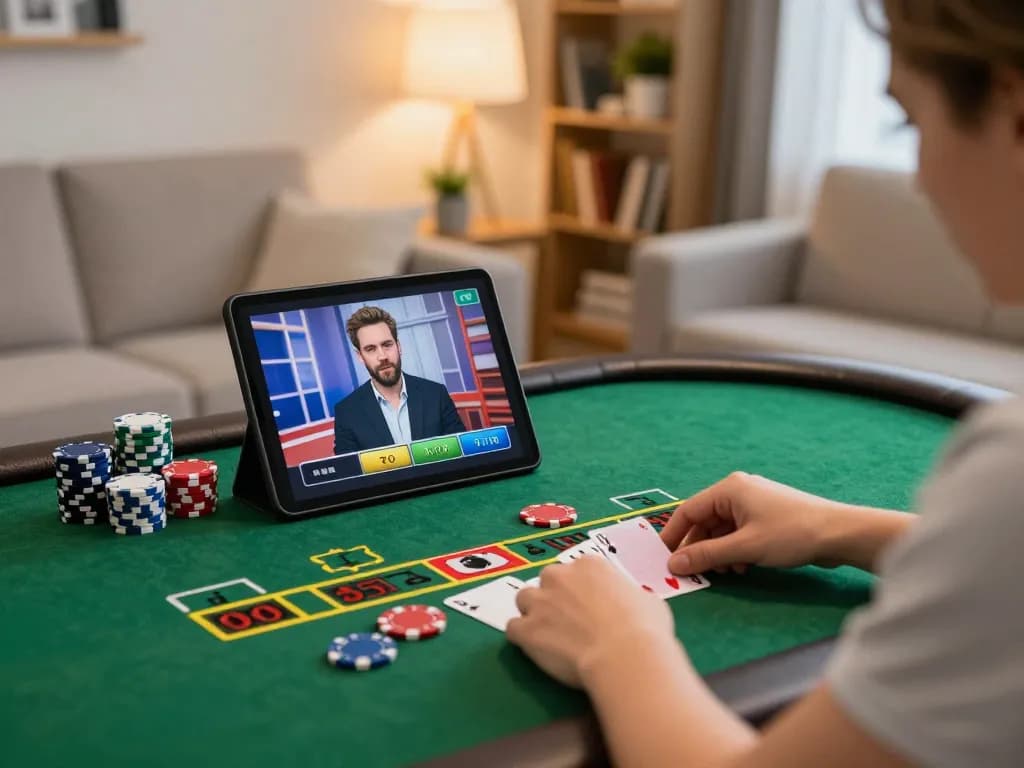 Player enjoying a thrilling blackjack session with 3333WIN tablet interface in cozy home setting.