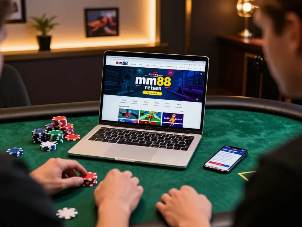 Player enjoying mm88 reisen on a laptop, surrounded by poker chips in a modern gaming setup.