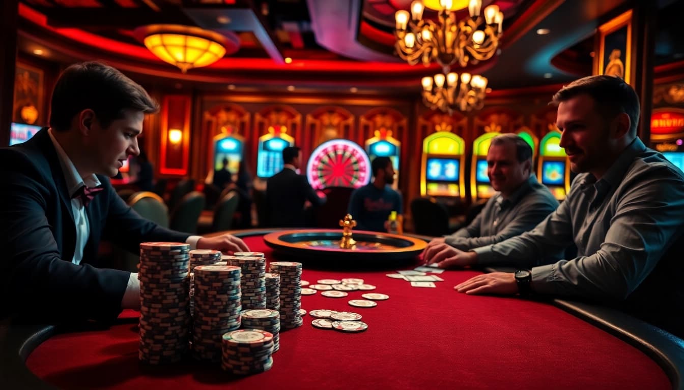 Experience excitement at tg88 vom with a luxurious casino scene showcasing poker and roulette.