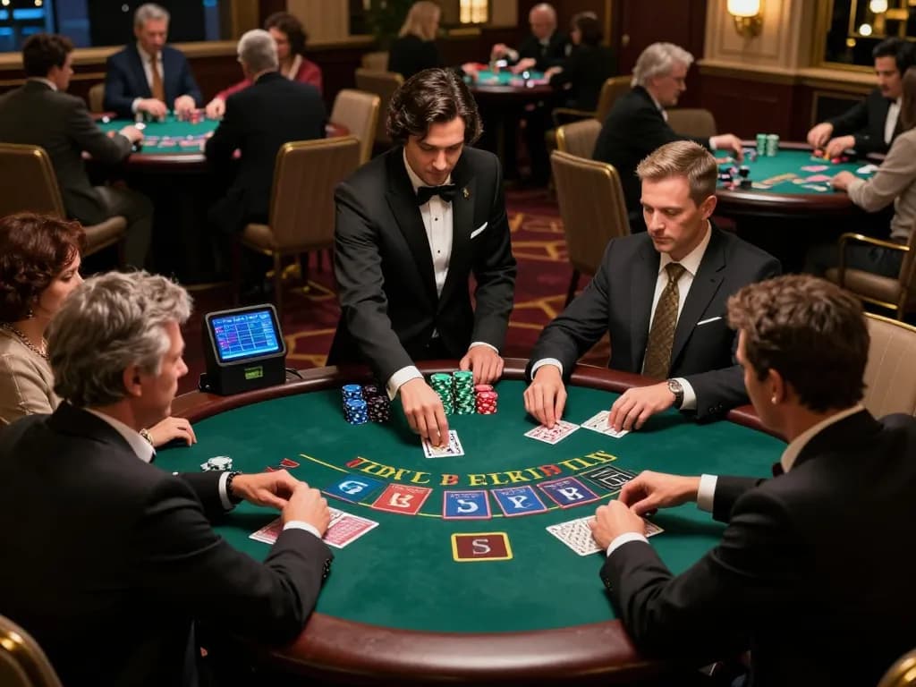 33win players analyzing cards and strategizing bets at a blackjack table in an upscale casino.