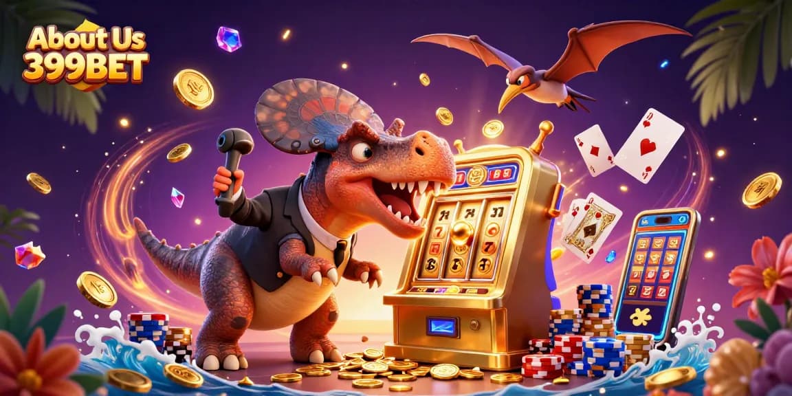 Engage with the fun at About Us 399BET featuring a dinosaur-themed slot machine jackpot scene with coins flying around.